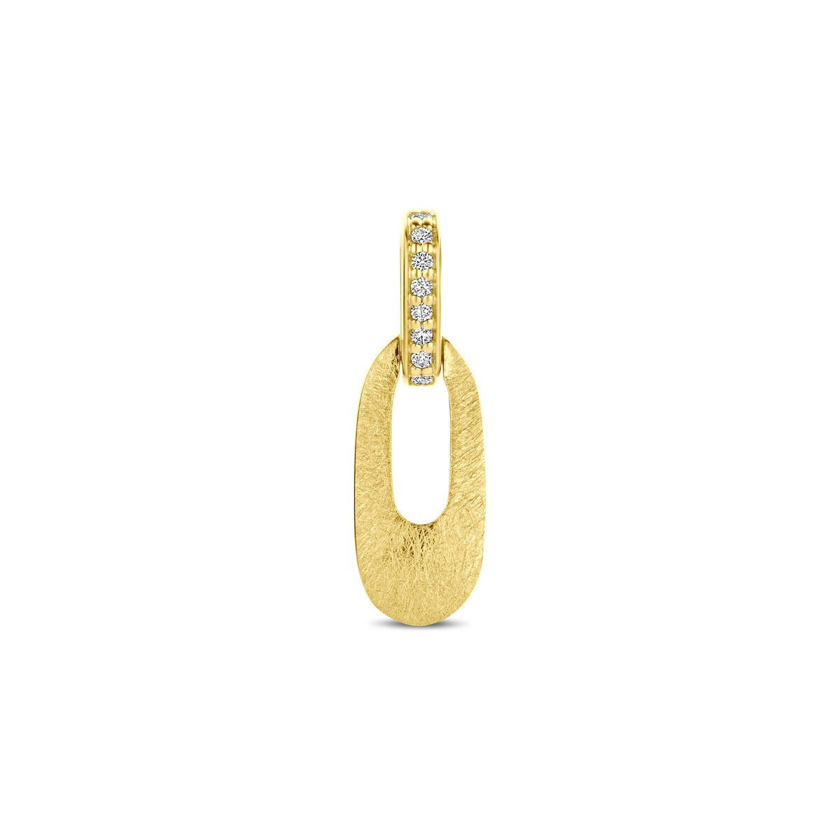 Colgante de oro amarillo de 14k con diamantes brillantes de 0.03ct, forma ovalada y acabado mate.