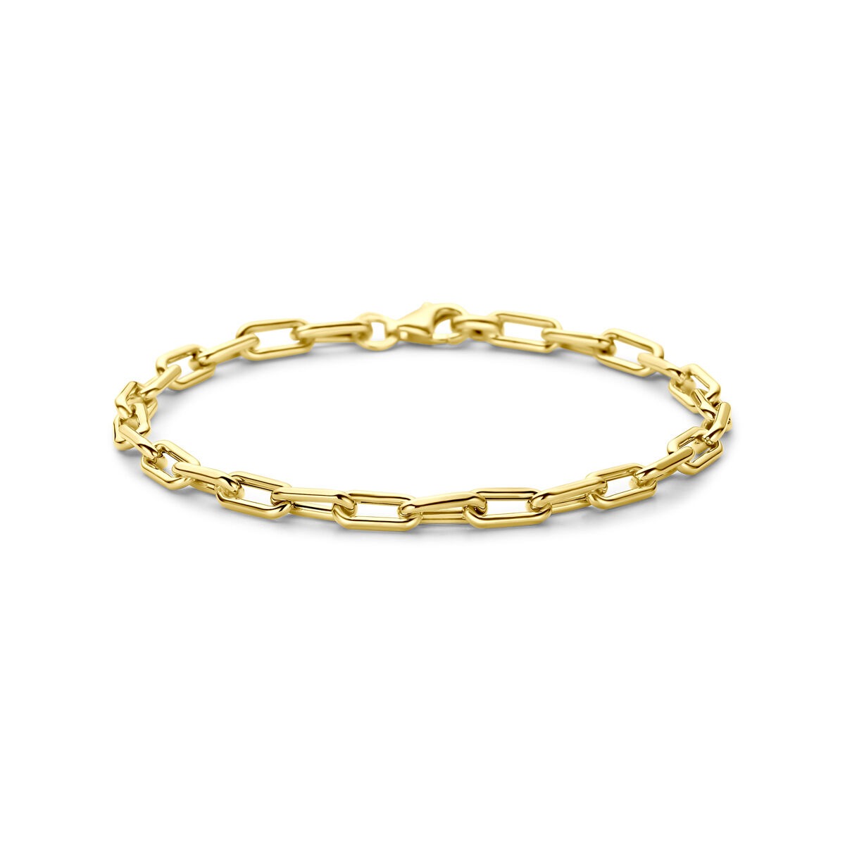 Pulsera de ancla de oro amarillo de 14 quilates con eslabones alargados.