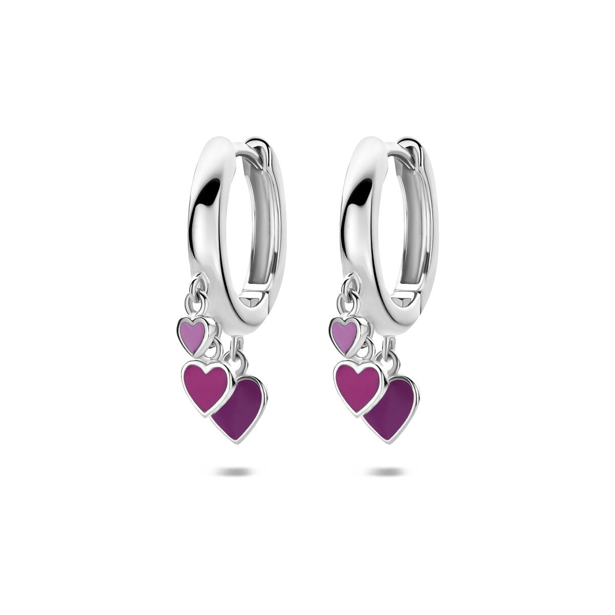 Aros de plata 925 rodiada con corazones de esmalte en tonos púrpuras.