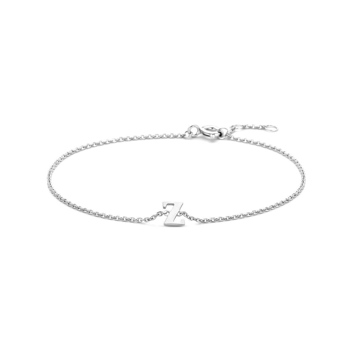 Pulsera de plata 925 rodiada con letra en el centro y cierre de langosta.