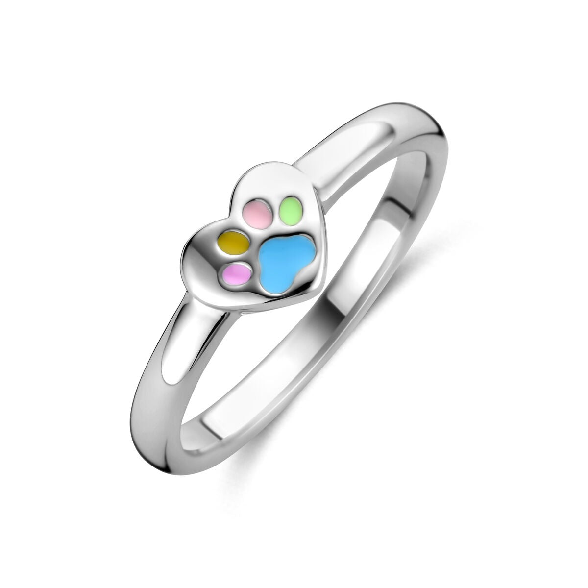 Anillo de plata rodiada con forma de corazón y huellas de perro, detalles en colores pastel.