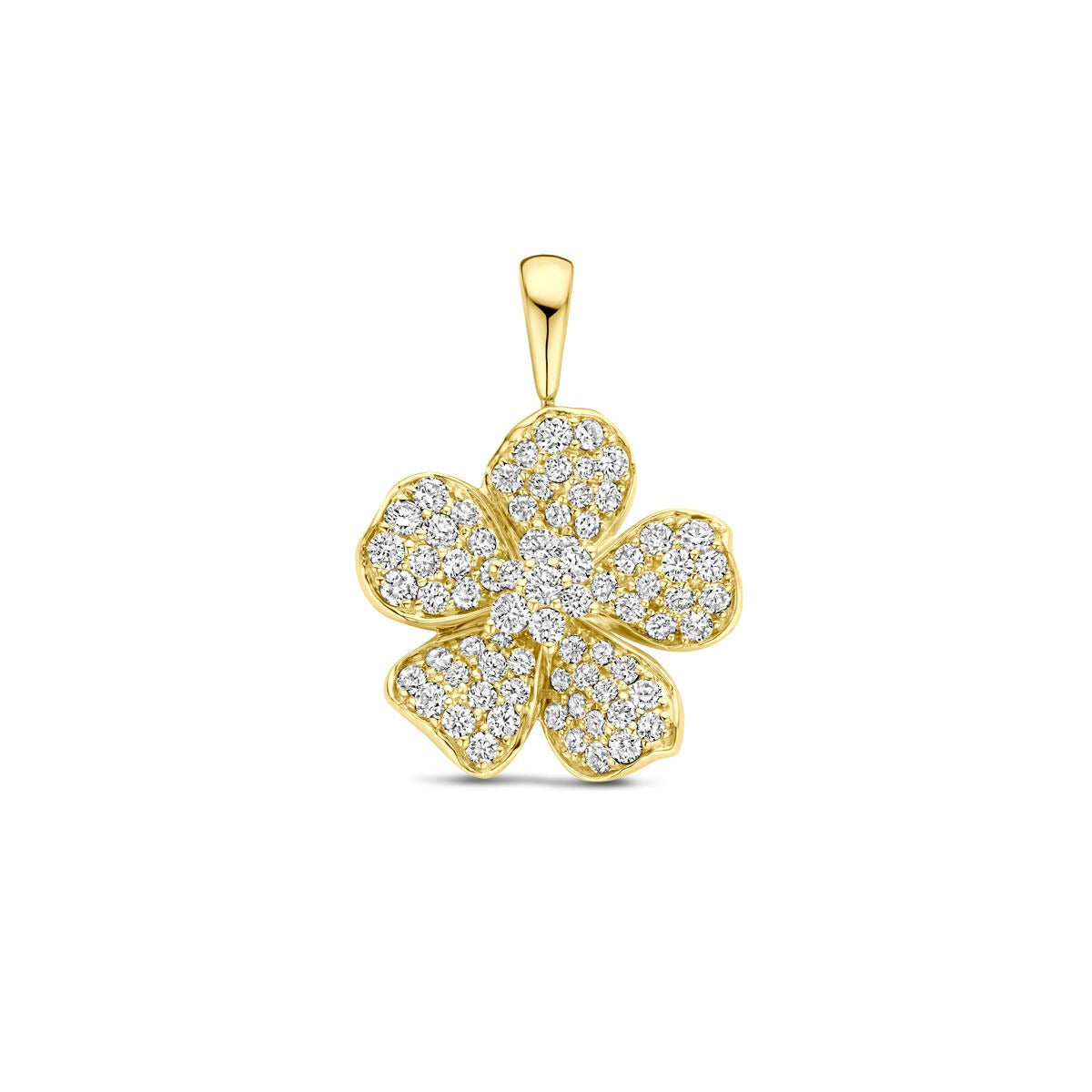Colgante en forma de flor dorada con detalles de piedras brillantes.