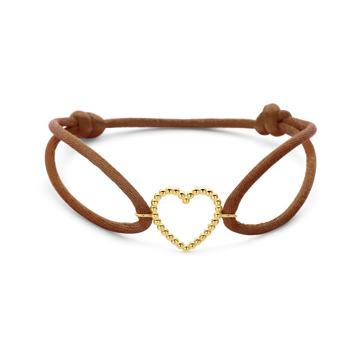 Pulsera de satén marrón con un corazón de 14k dorado en el centro.