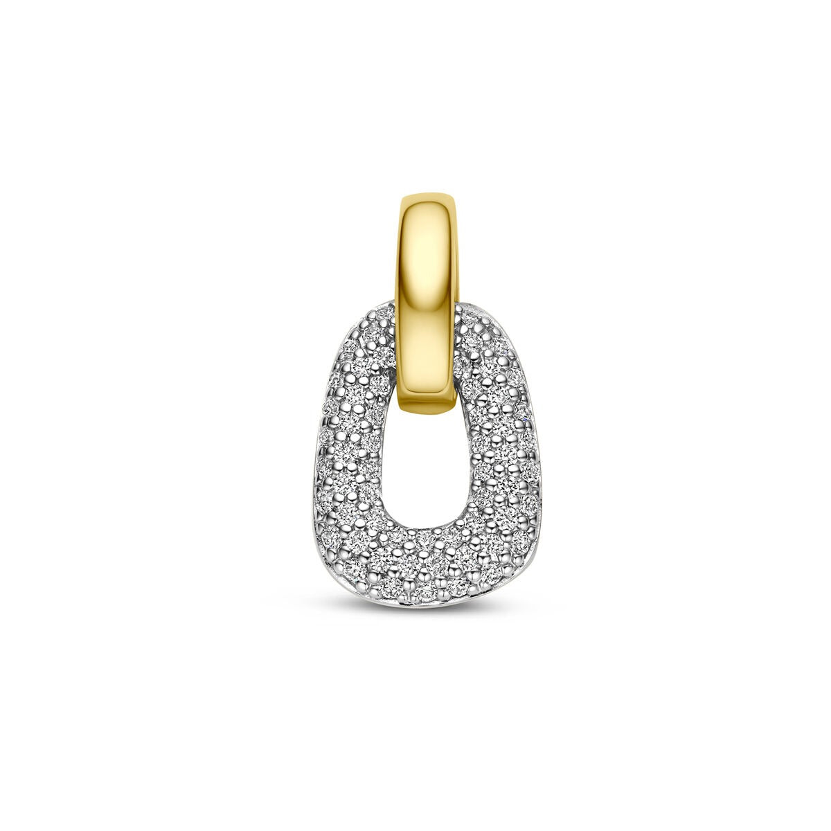 Colgante bicolor de oro de 14k con diamantes, forma ovalada y acabado brillante.