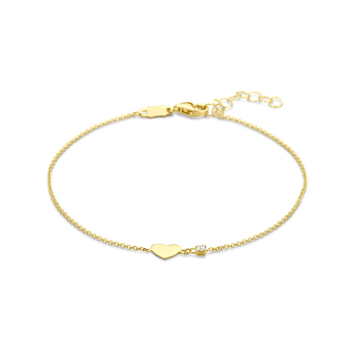 Pulsera de oro amarillo de 14k con un colgante en forma de corazón y un diamante.