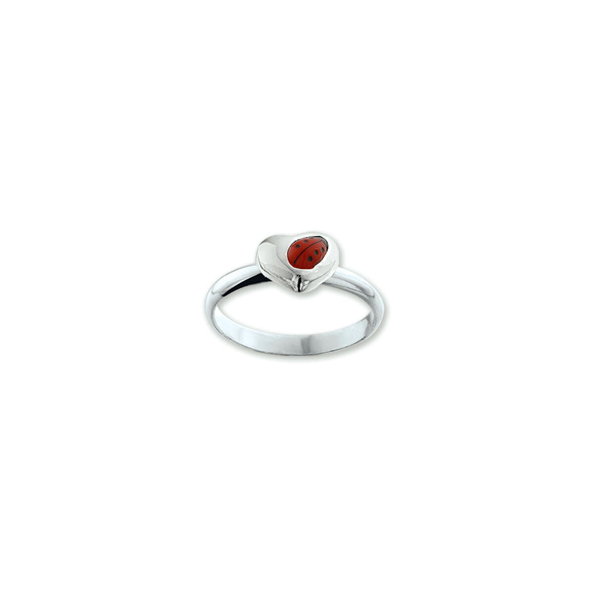 Anillo de plata rodiada para niños con un corazón y un charm de mariquita roja.