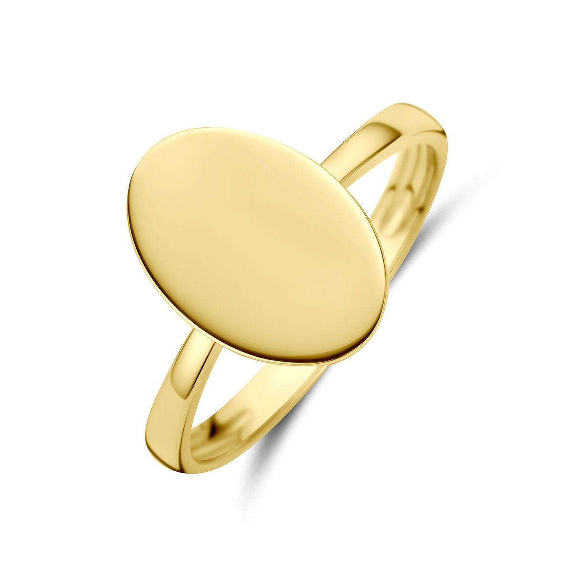 Anillo de grabado en oro amarillo de 14 quilates con forma ovalada.