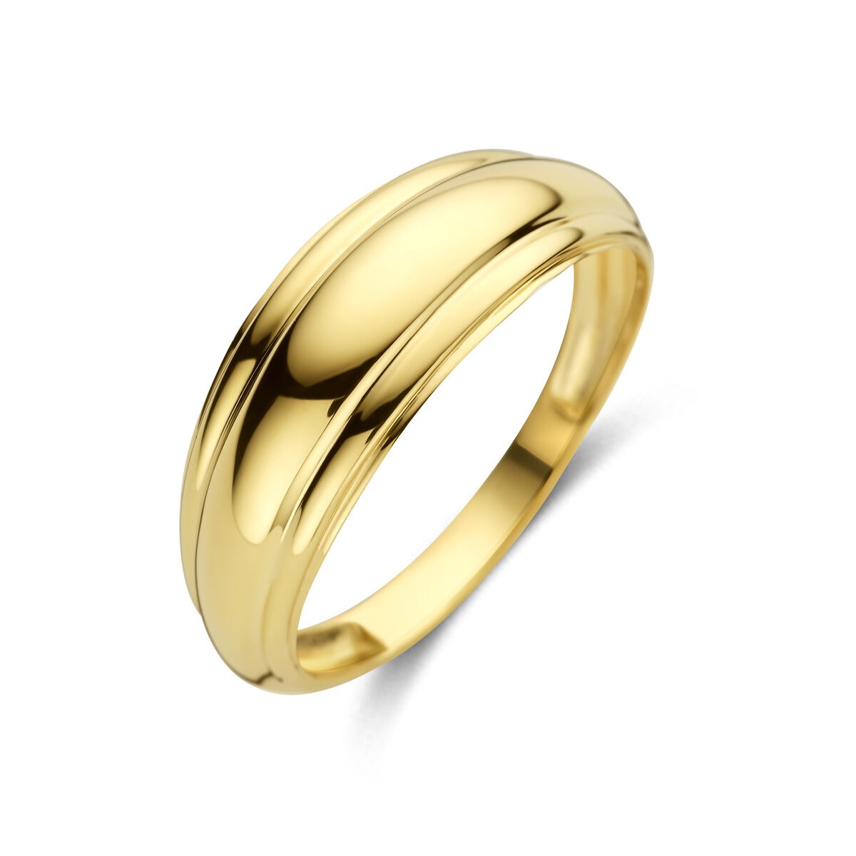 Anillo de dama de oro amarillo de 14k con banda ancha y pulida.