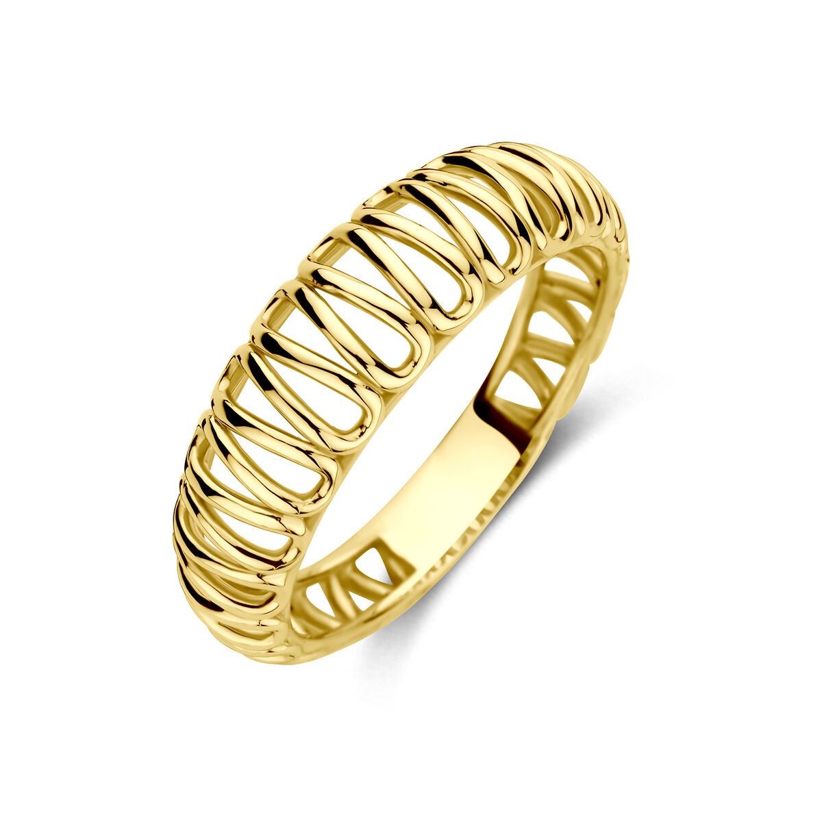 Anillo de oro amarillo de 14k, ancho de 6 mm, con un diseño ondulado y acabado brillante.