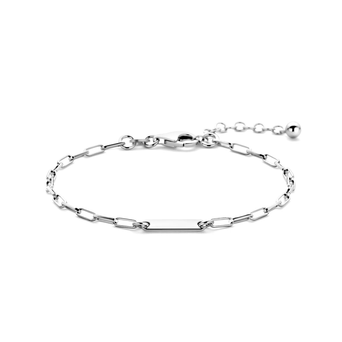Pulsera de plata 925 con eslabones tipo paperclip y placa, diseño moderno y elegante para damas.
