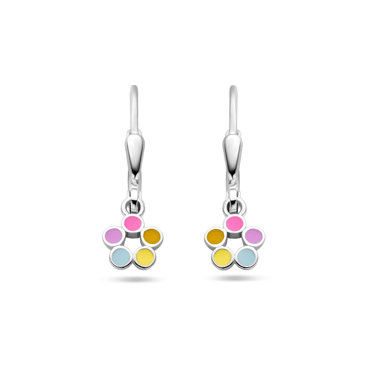 Pendientes largos de flor de plata con esmalte colorido en rosa, amarillo y azul.