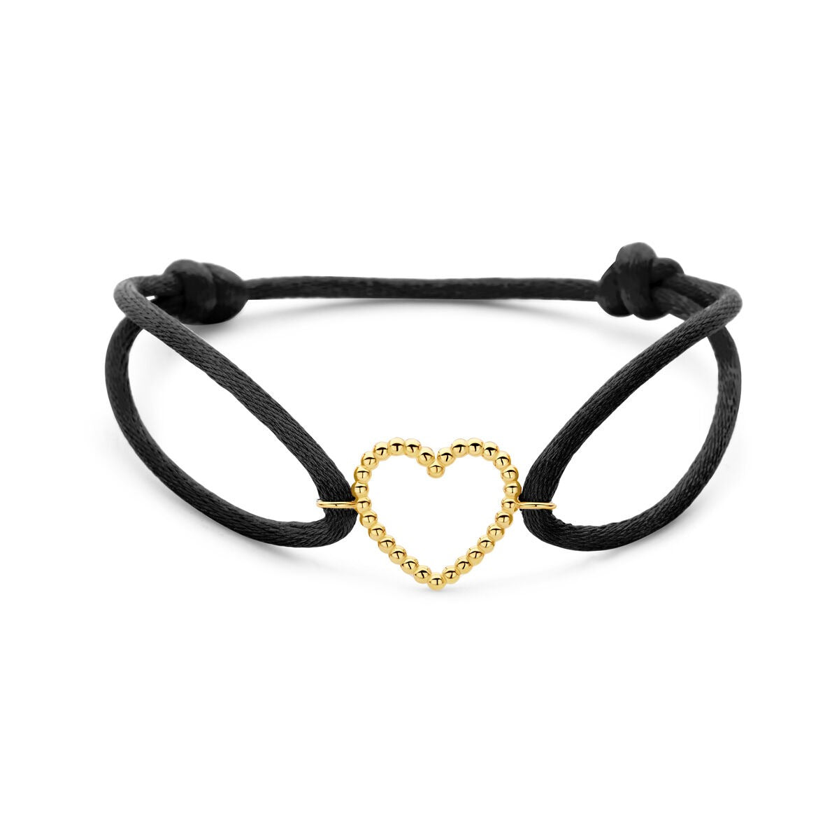 Pulsera de satén negro con un corazón dorado de 14 quilates.