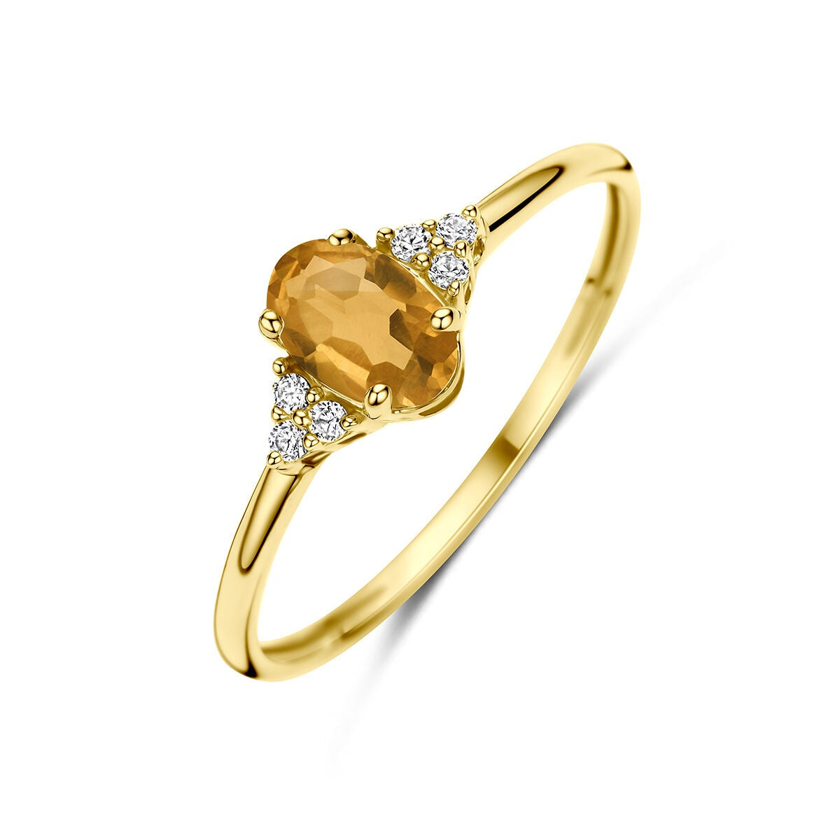 Anillo de oro amarillo de 14k con citrino y circonitas brillantes.
