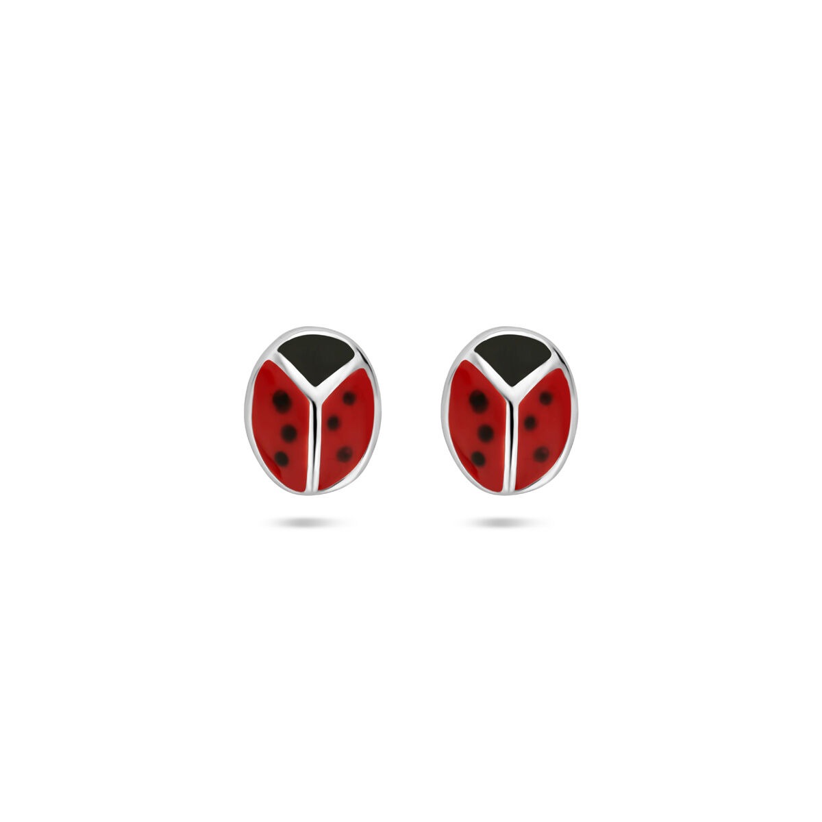 Pendientes de primera puesta en forma de mariquita, en plata de 925 con detalles rojos y negros.