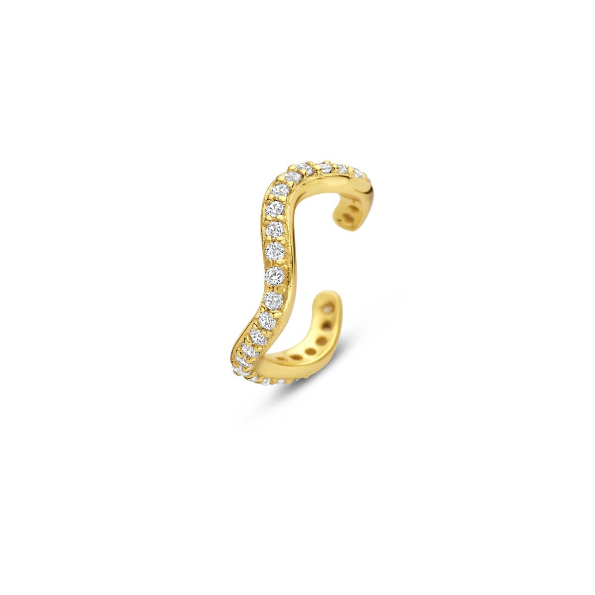 Ear cuff dorado de plata con circonitas, diseño ondulado y brillo sutil sin perforación.