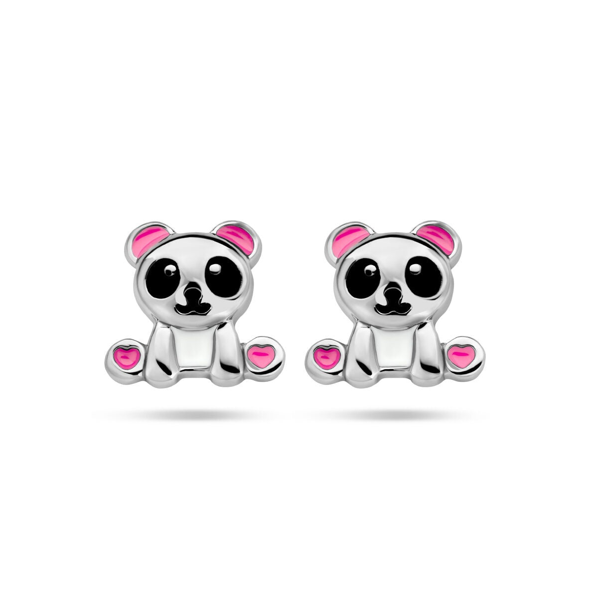 Pendientes de primera puesta de panda en plata, con acabado rodiado y detalles de esmalte rosa.