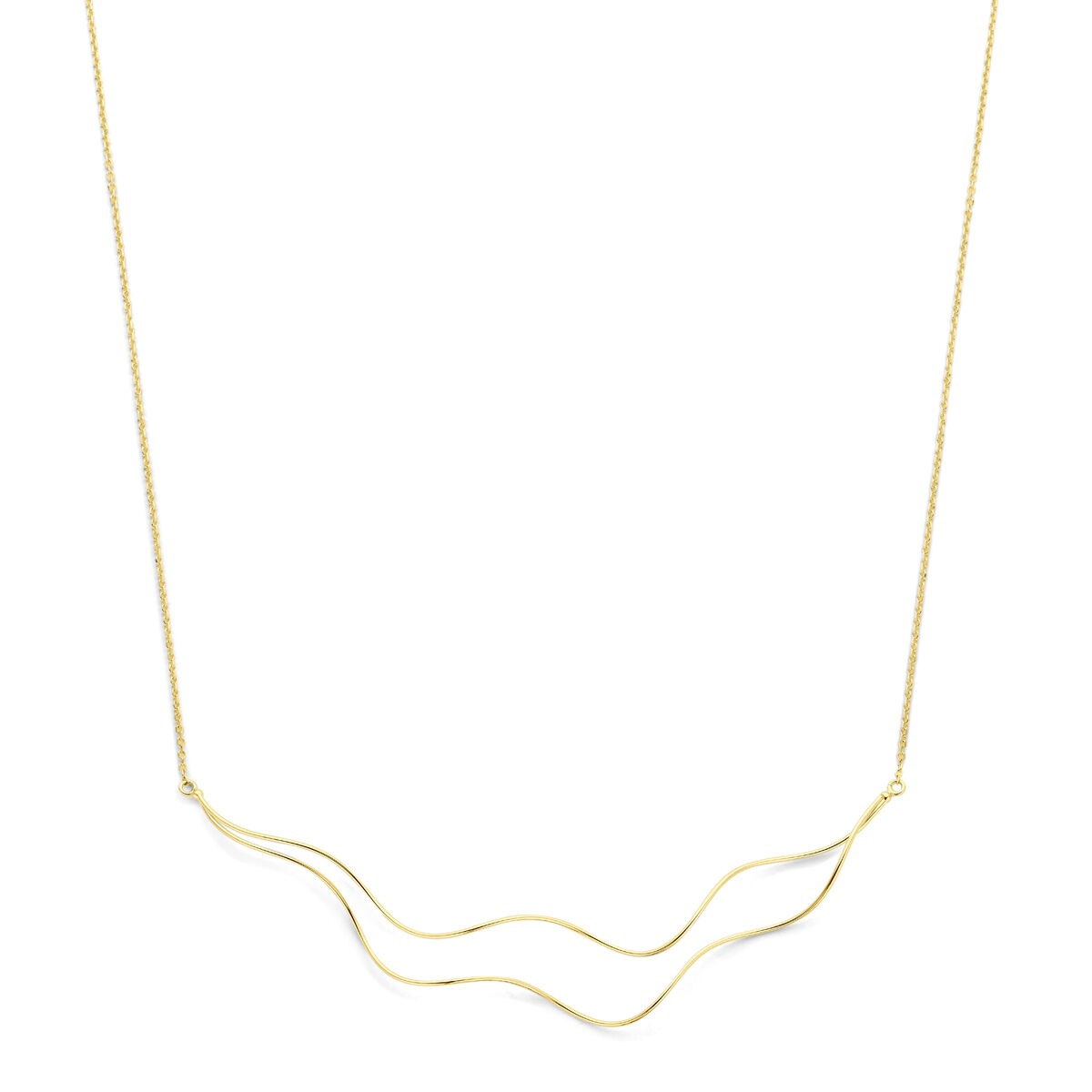 Geelgouden collier met een golvende, minimalistische vorm en fijne ketting.