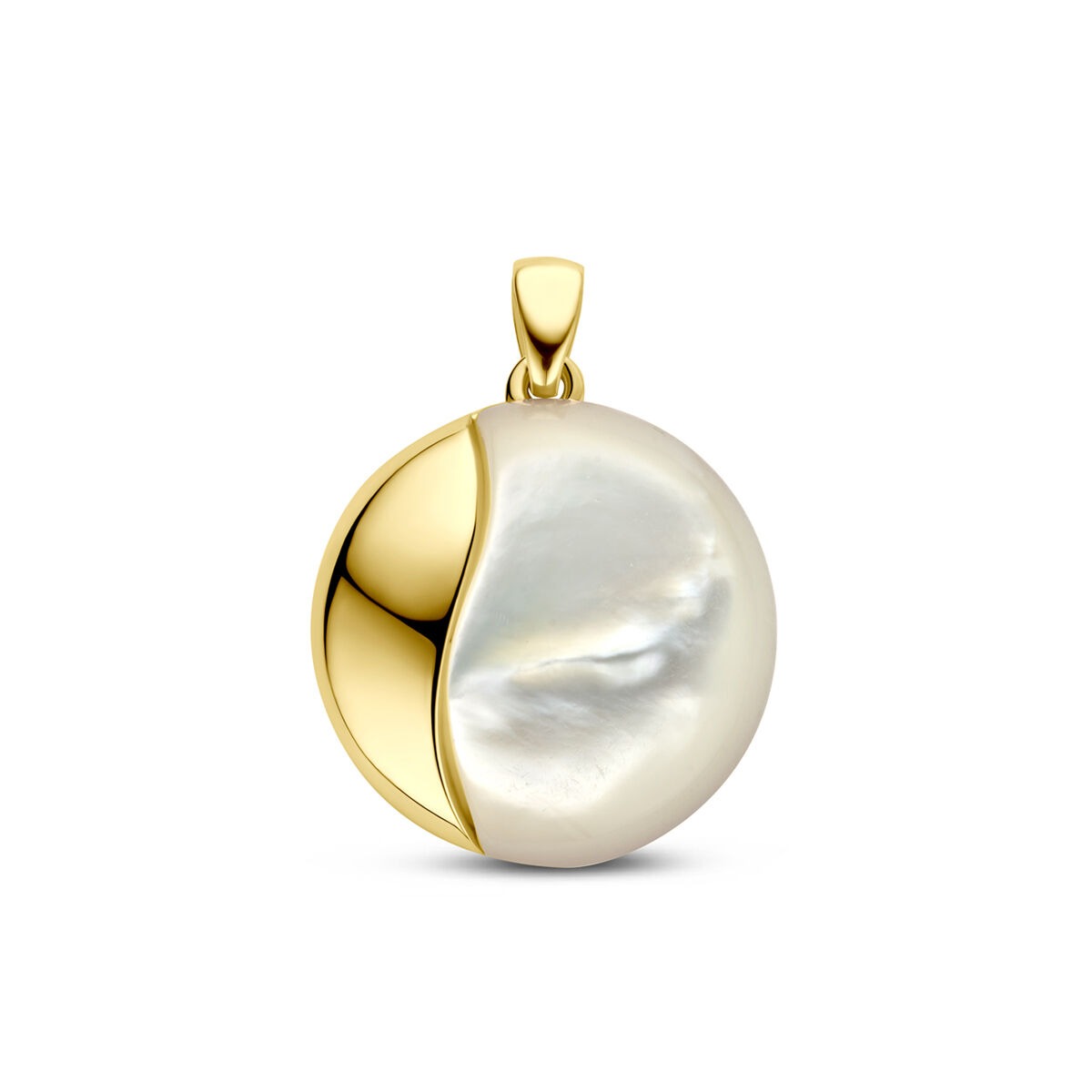 Colgante de oro amarillo de 14k con forma redonda y detalle de nácar de 20 mm.
