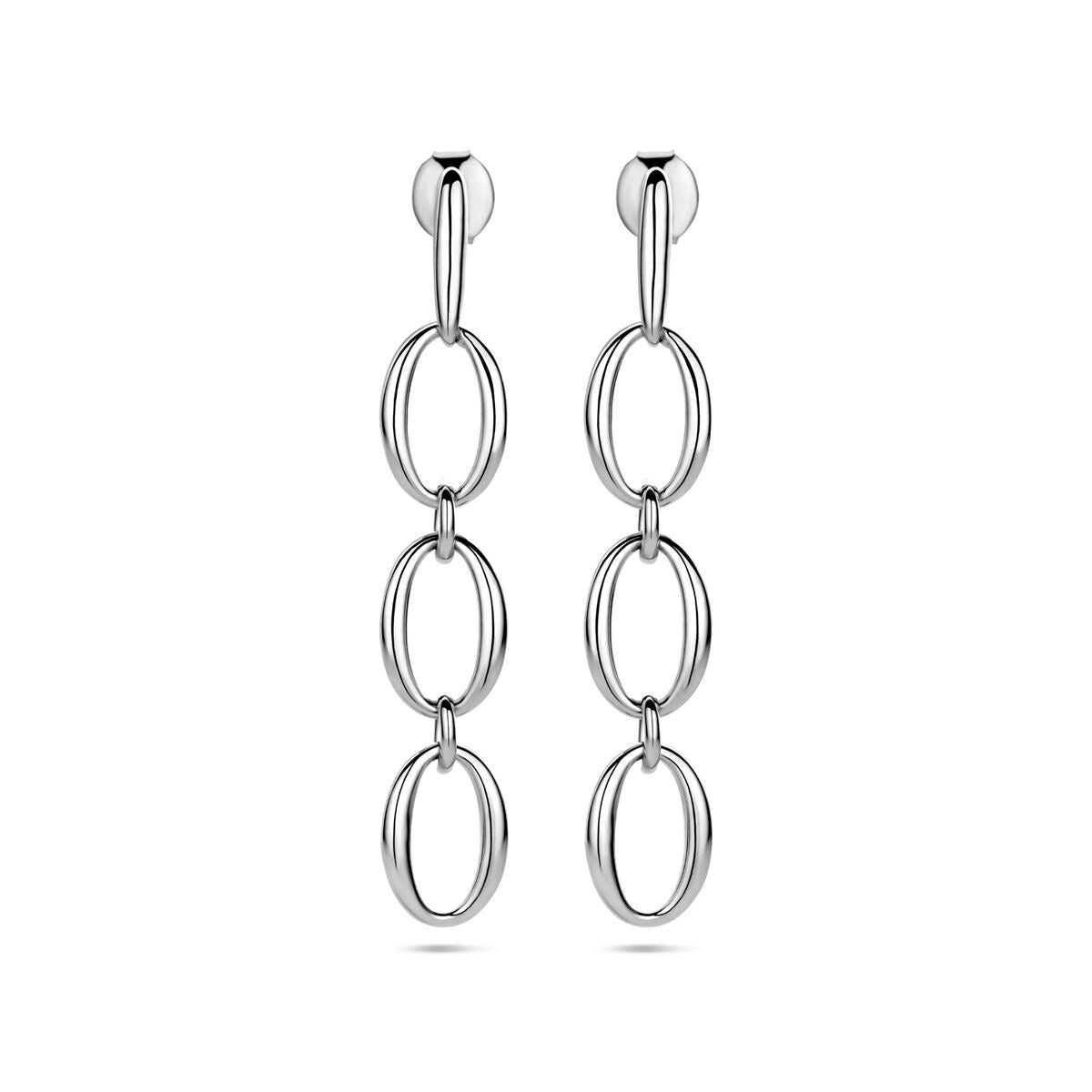Pendientes largos de plata rodiada con tres aros entrelazados, de 45 mm de longitud.
