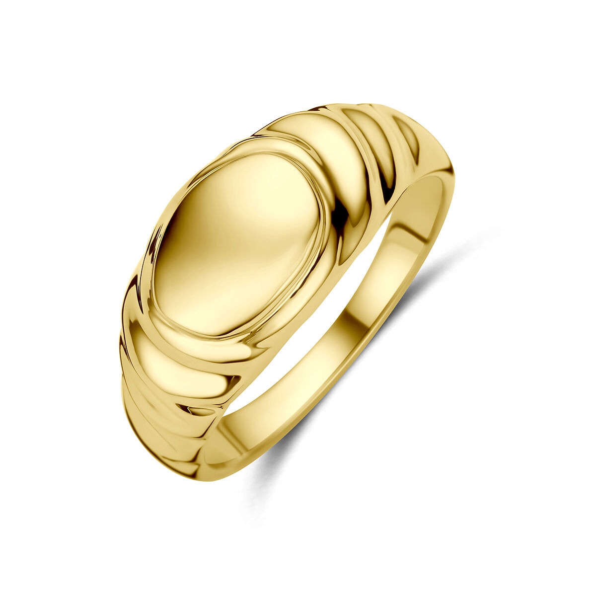 Anillo de grabado en oro amarillo de 14 quilates con diseño liso y detalles ondulados.