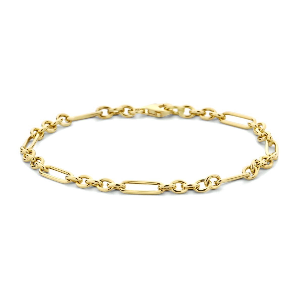 Pulsera de ancla de 9 quilates en color dorado, con eslabones alargados y cierre de langosta.