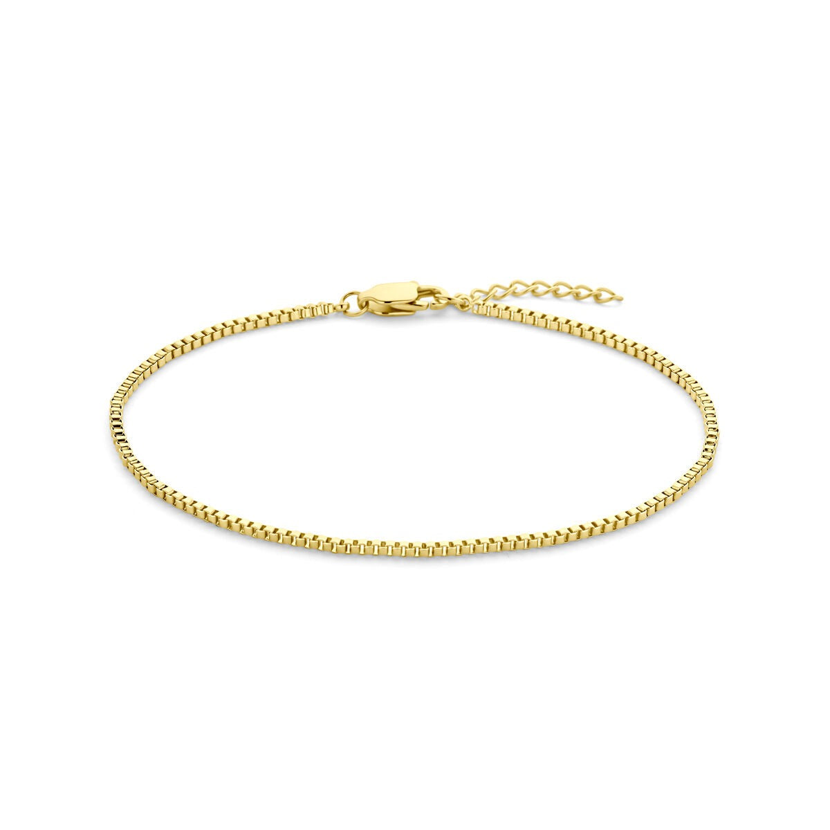 Pulsera veneciana de acero color dorado de 1.5 mm con cierre y cadena ajustable.