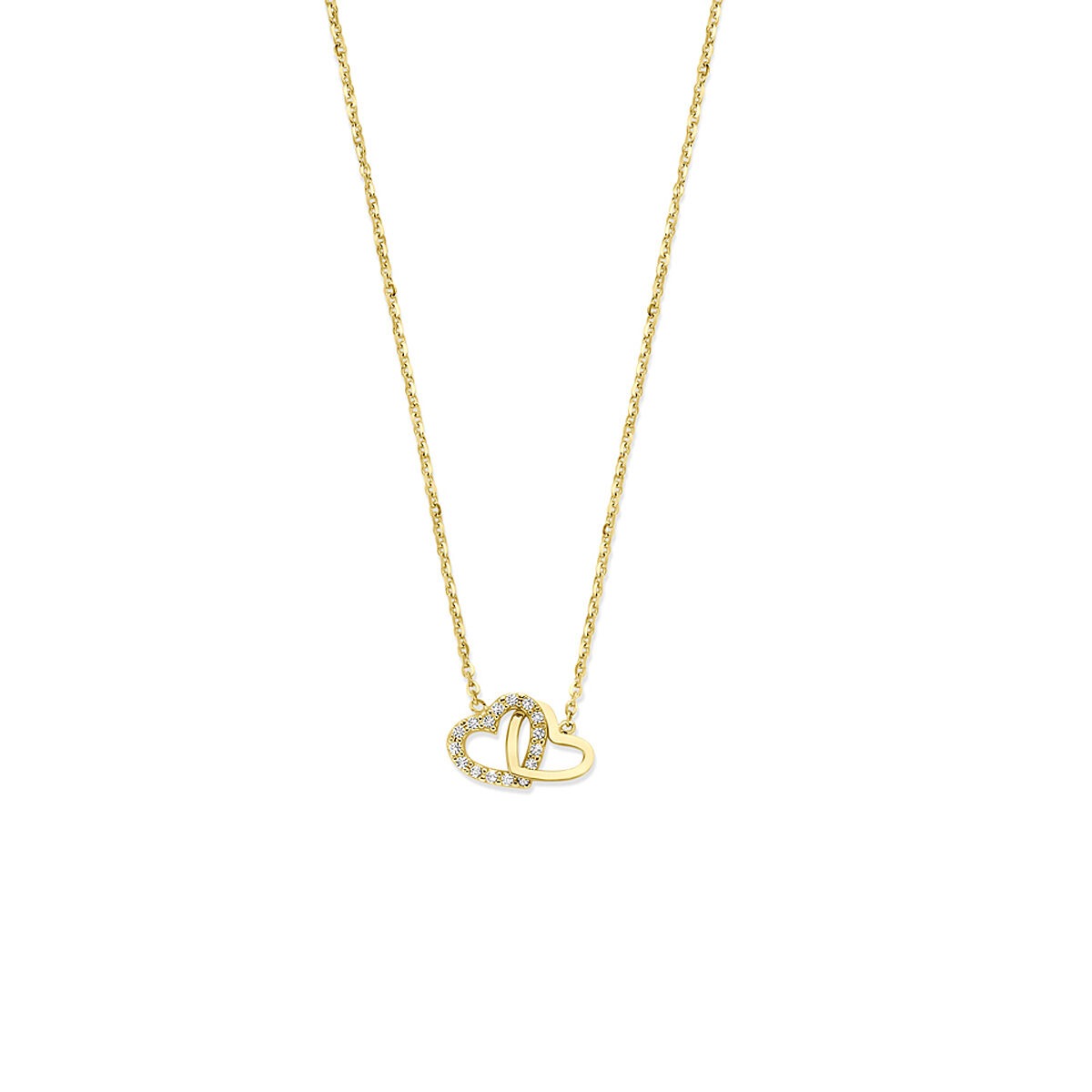 Collar de oro amarillo de 14k con colgante en forma de corazón y circonitas brillantes.