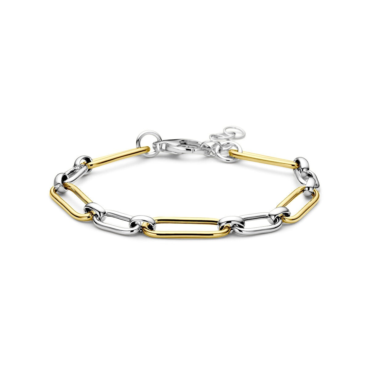 Pulsera de plata 925 dorada y rodiada con eslabones en forma de clip de papel.