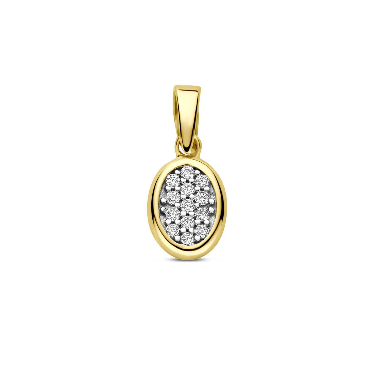 Colgante ovalado de oro amarillo de 14k con zircón, decorado con piedras brillantes.
