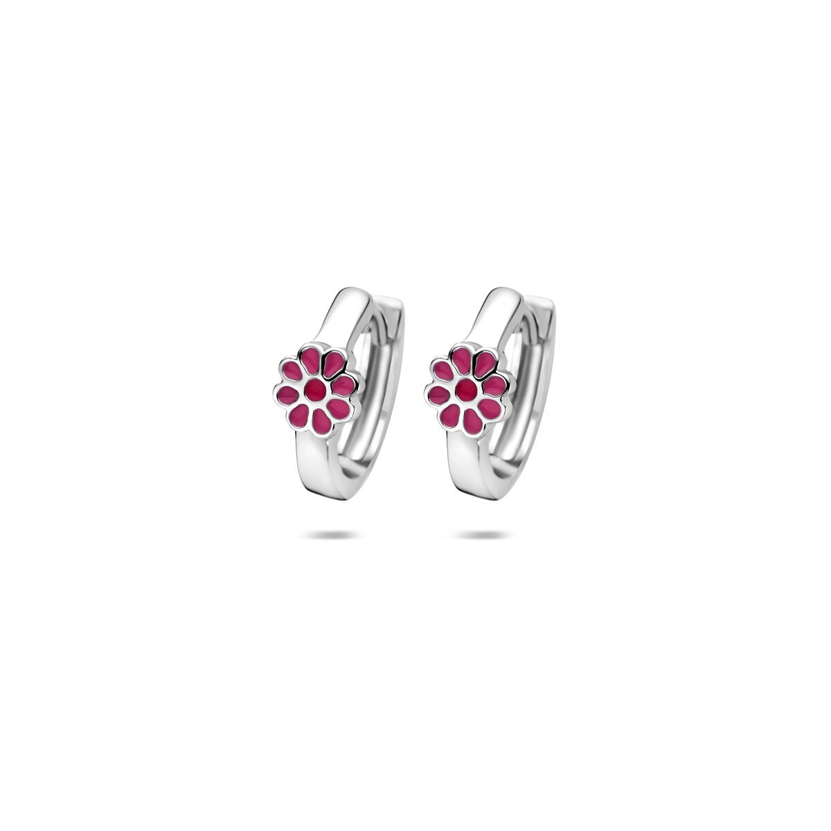Pendientes de aro de plata rodiada con flor en esmalte rosa.