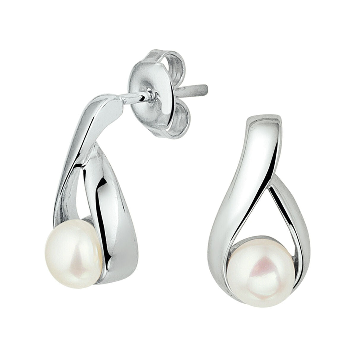 Pendientes de perla en plata rodiada con diseño curvado y cierre de presión.