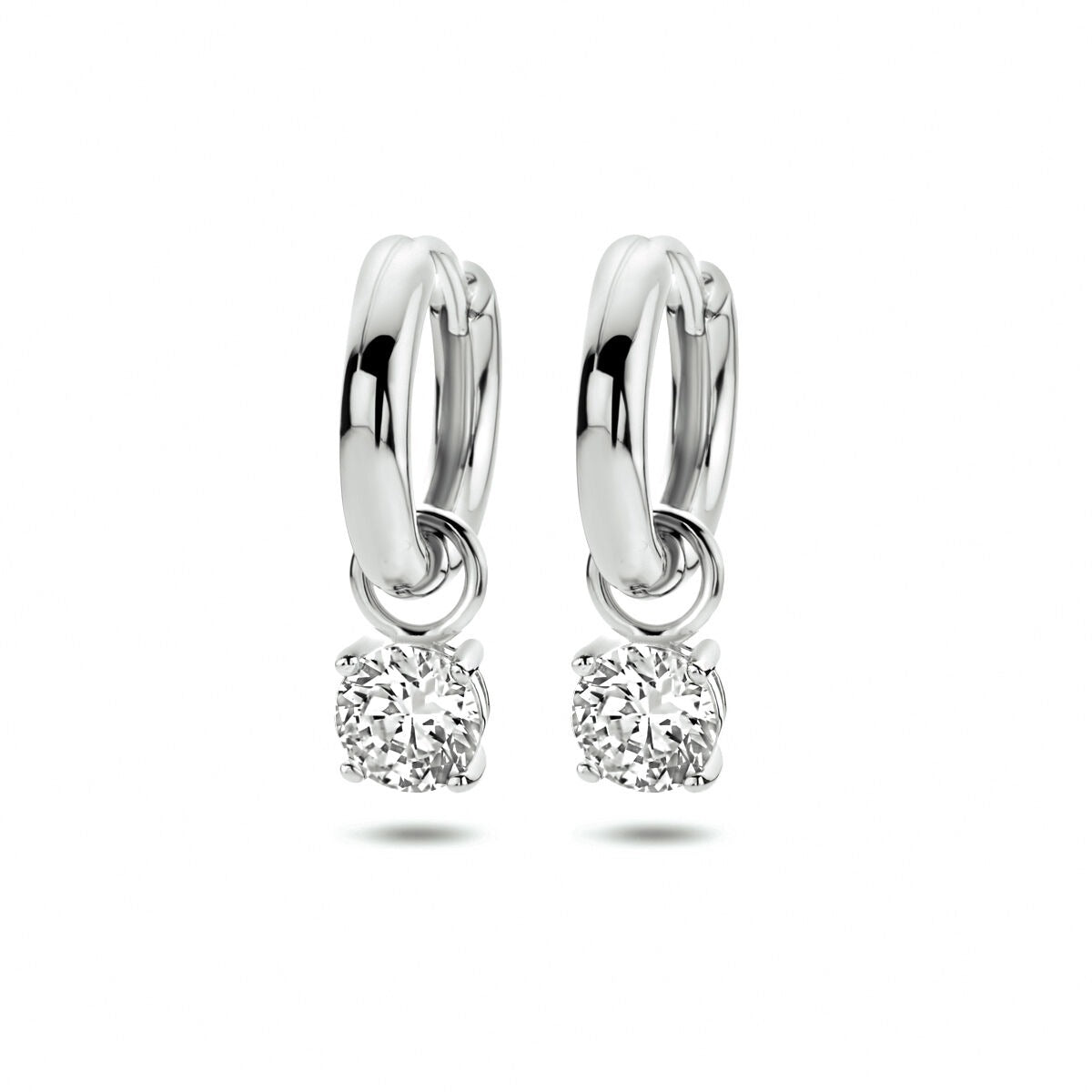 Pendientes de aro de plata con colgante de circonita, acabado en rodio.