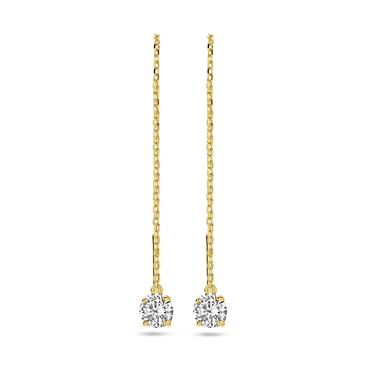 Pendientes largos de oro amarillo de 9k con zirconitas brillantes en forma de flor.