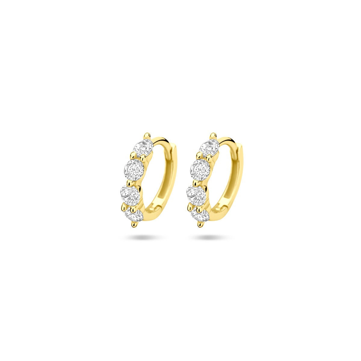 Aros dorados con circonitas, diámetro de 12.5 mm, con un diseño elegante y brillante.