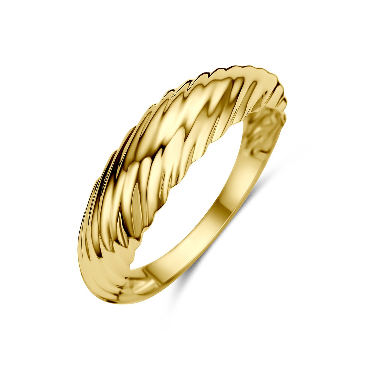 Anillo de oro amarillo de 9 quilates con diseño trenzado y acabado brillante.