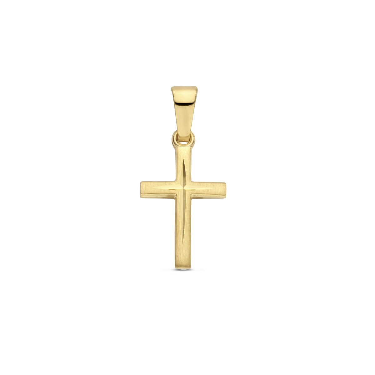 Colgante de cruz en oro amarillo de 14k, acabado mate y diamantado.