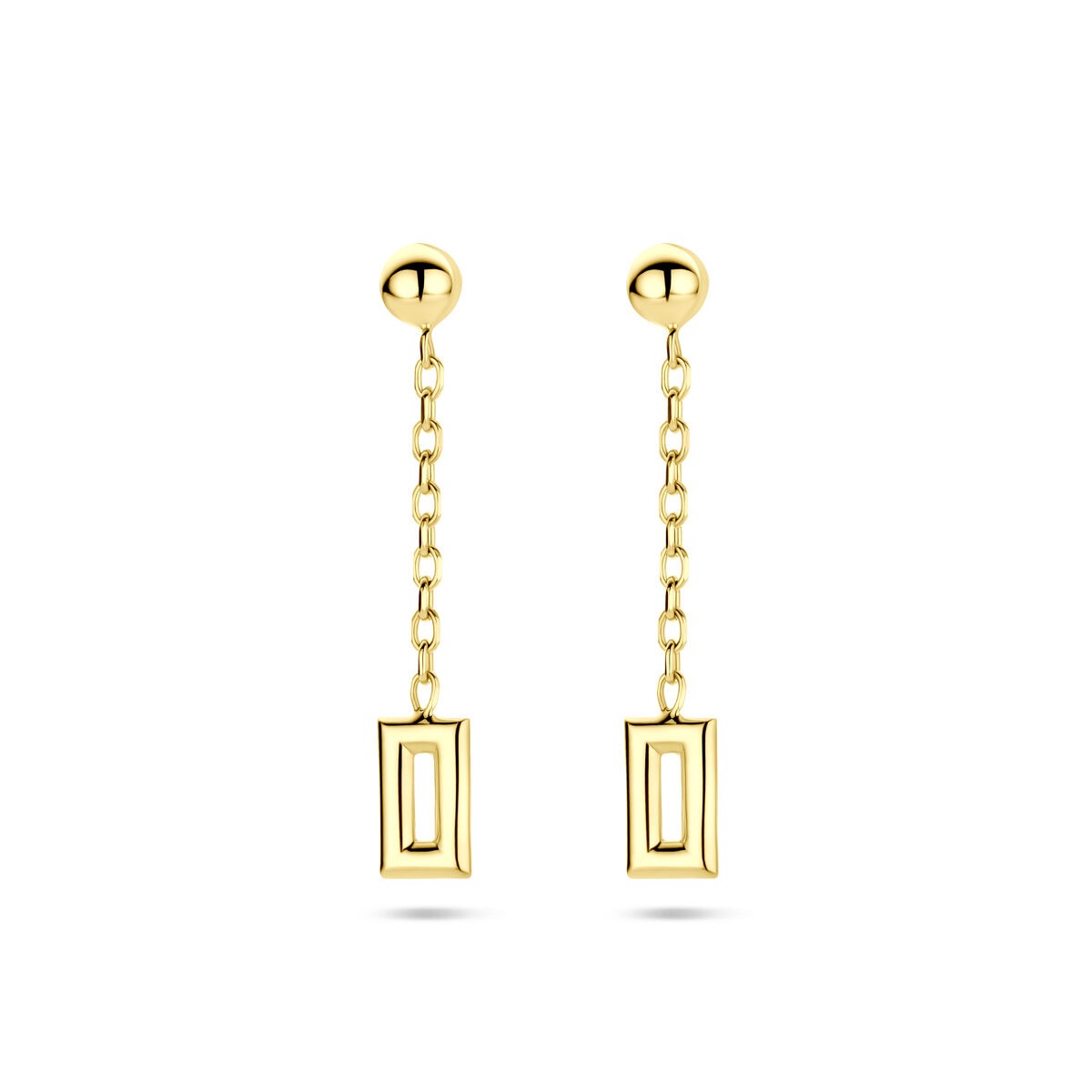 Pendientes largos de oro amarillo de 14k con forma rectangular y cadena de 28 mm.