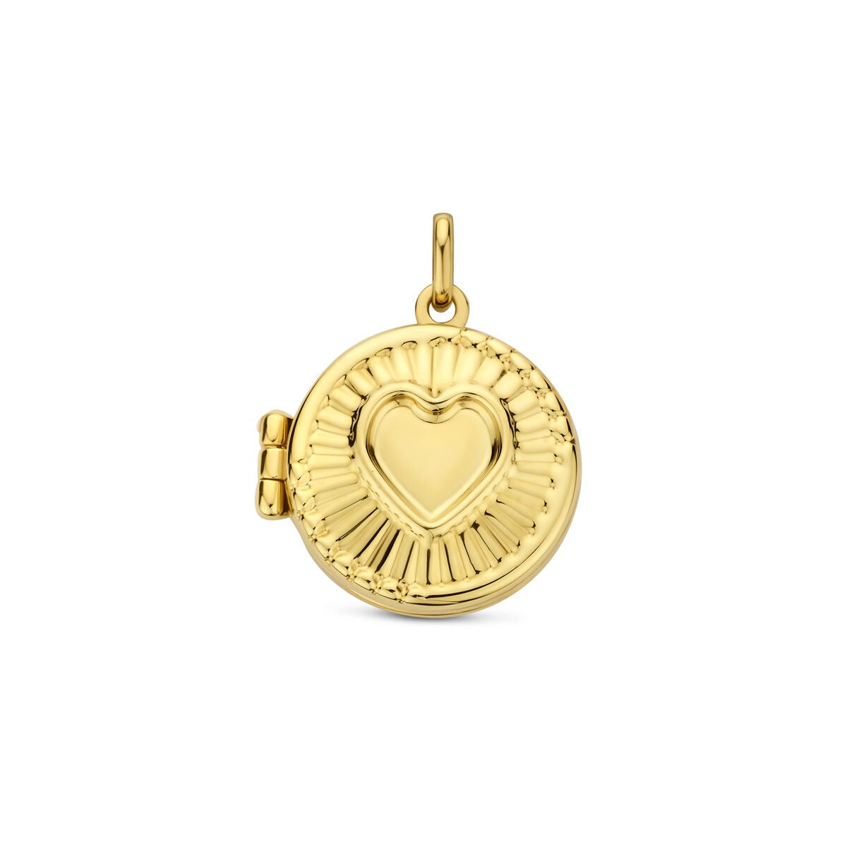 Medaillon de 14k en oro amarillo con forma de corazón y detalles estriados.