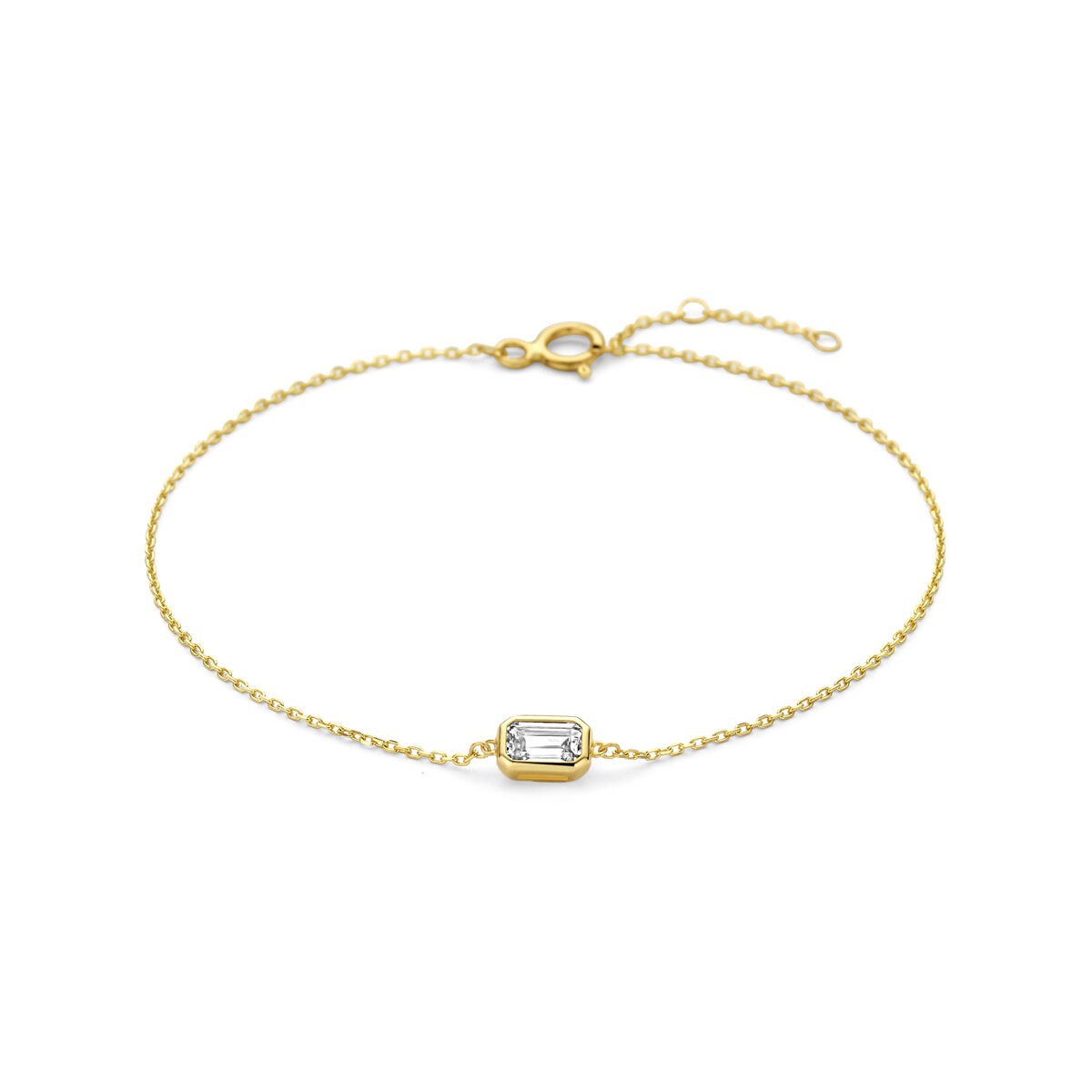 Pulsera de oro amarillo de 14k con zirconia tallada en forma de esmeralda.