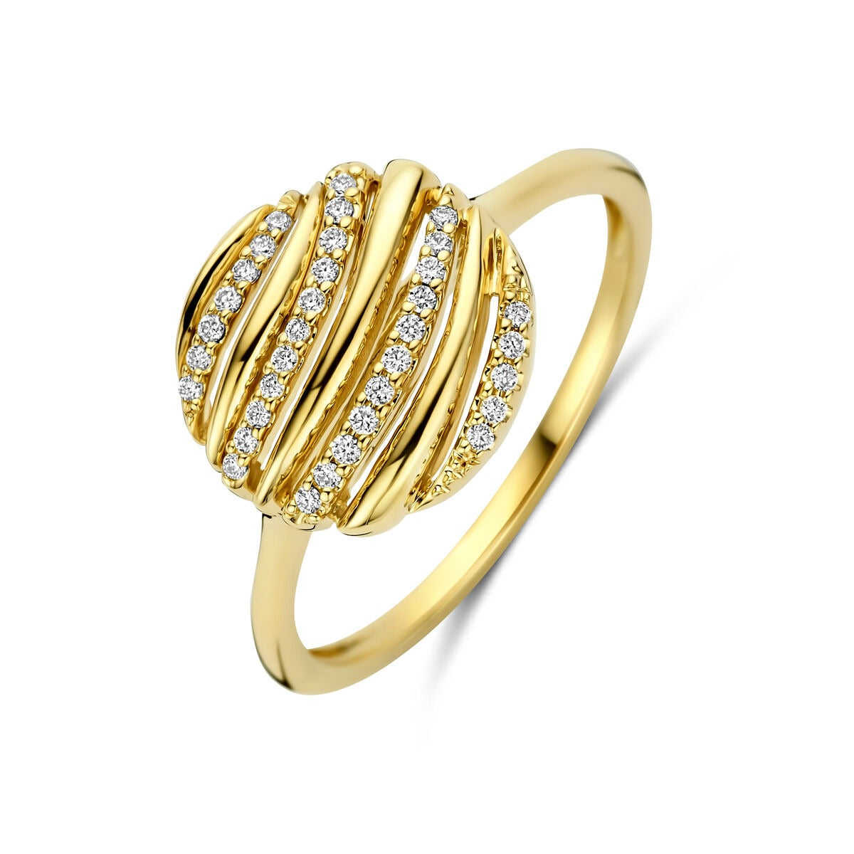 Anillo de oro amarillo de 14k con diseño redondo y diamantes de 0.09 ct.