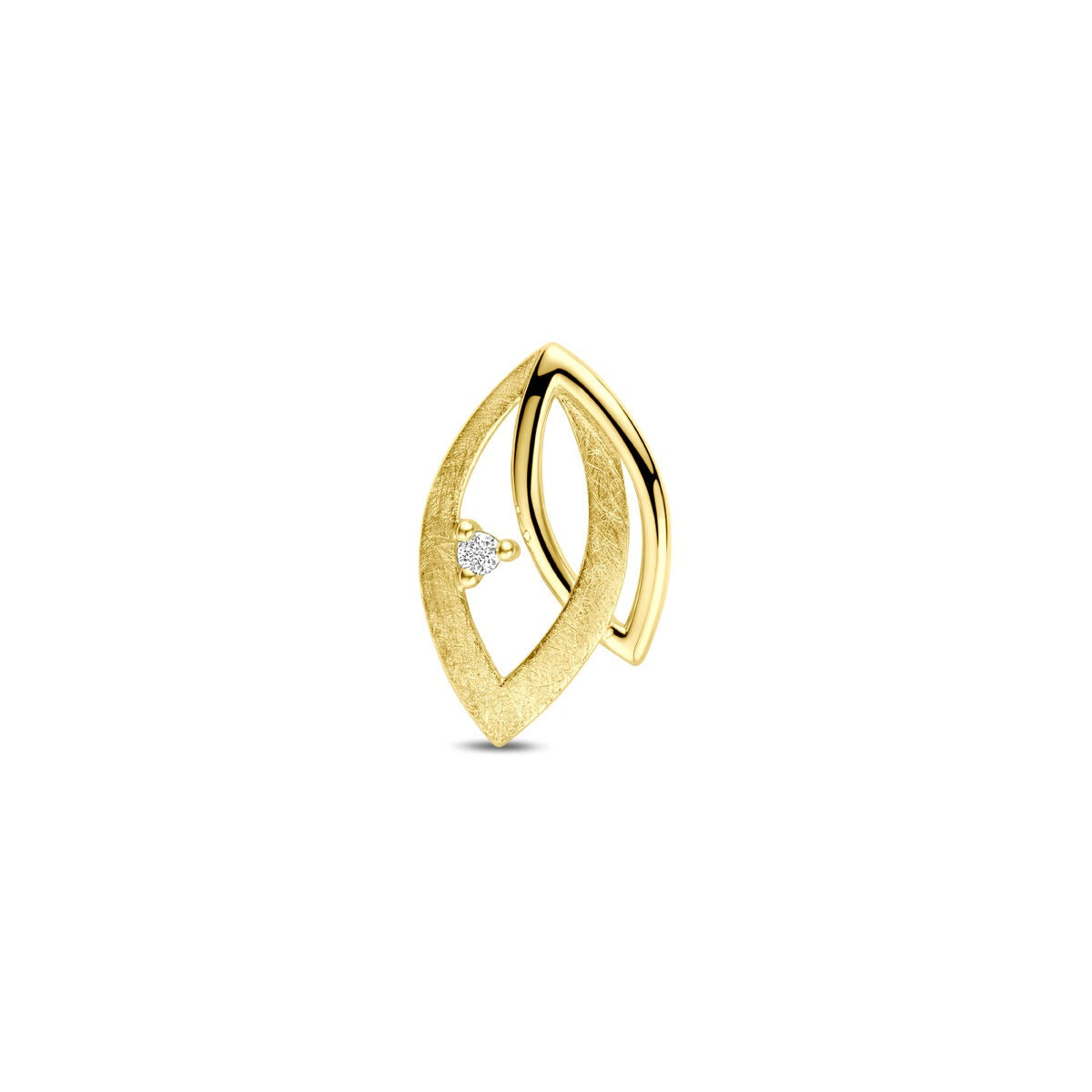 Colgante dorado de 14k con diamante de 0.02ct, forma ovalada y acabado texturizado.