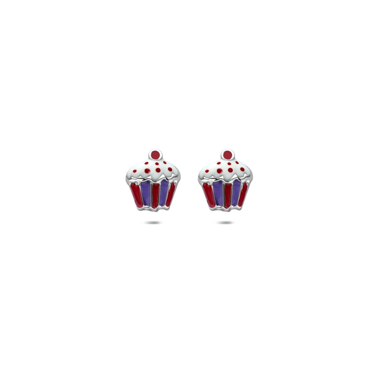 Pendientes de cupcake plateados, con detalles en rojo y azul, de 7,5 mm.