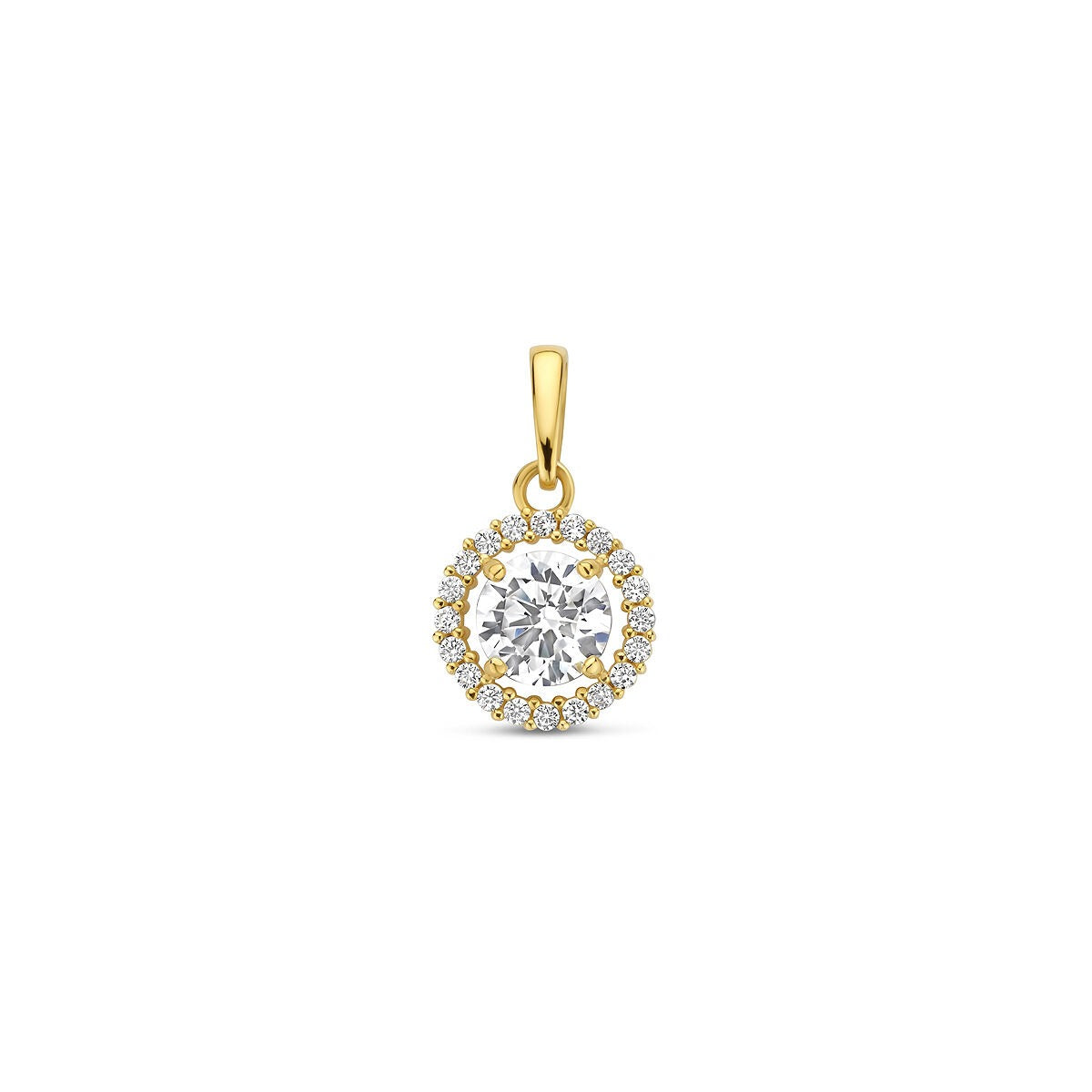 Colgante dorado de 14k con zircón, estilo entourage, rodeado de piedras brillantes.