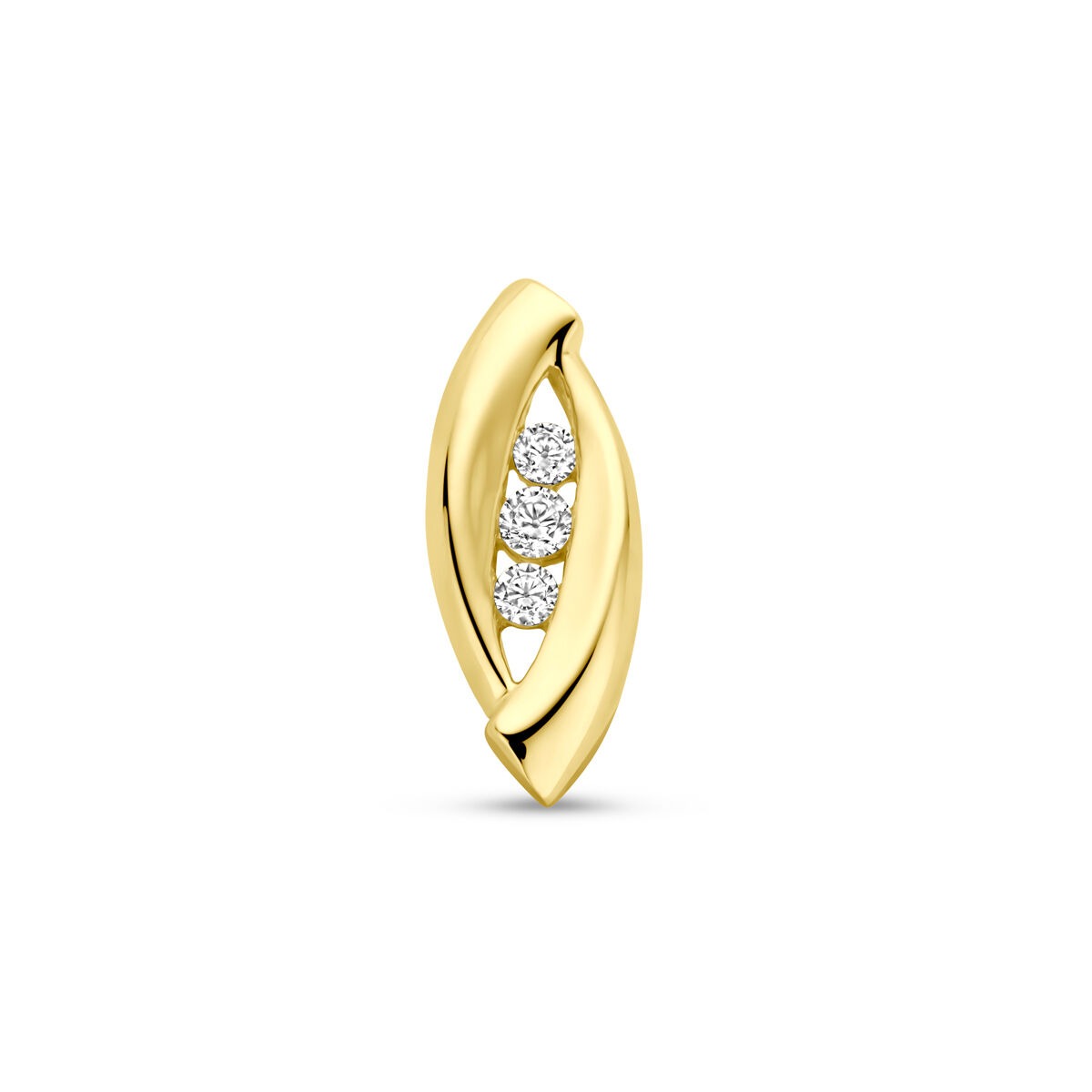 Colgante de oro amarillo de 14k con tres zirconias, forma ondulada y tamaño de 15 mm.