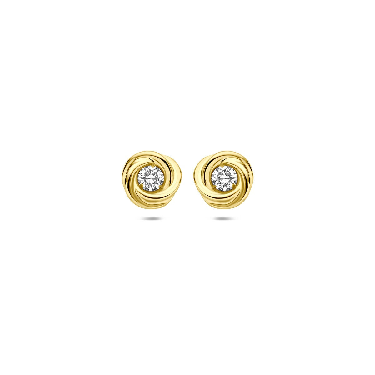 Pendientes de oro amarillo de 14k con diamante cultivado en laboratorio en un diseño en espiral.