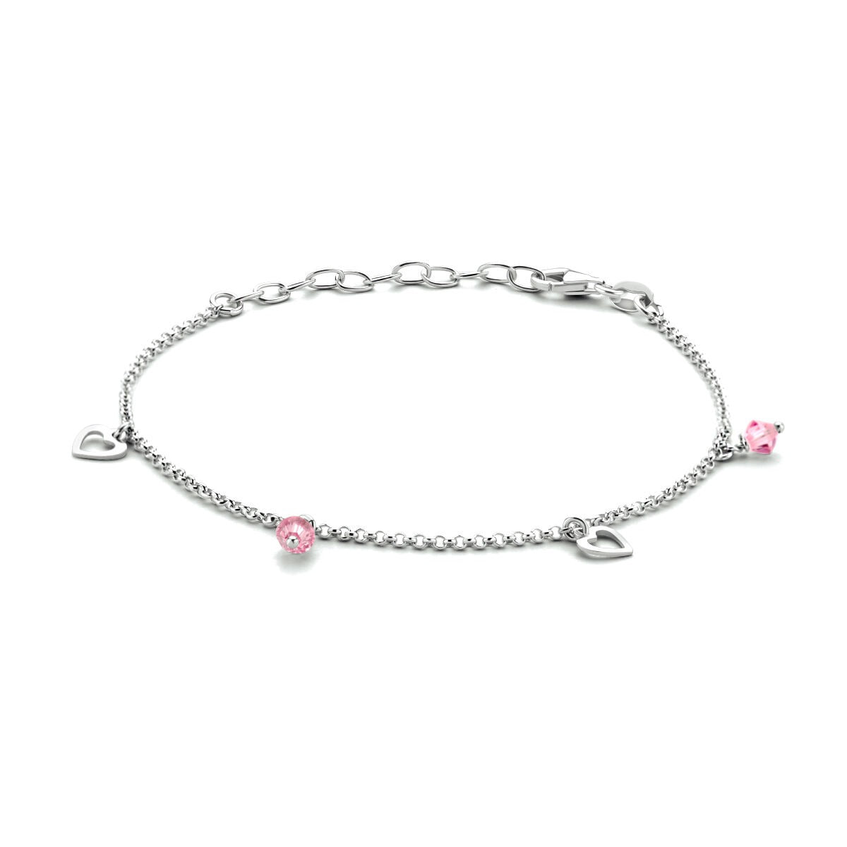 Pulsera infantil de plata rodiada 925 con piedras rosas y charms en forma de corazón.