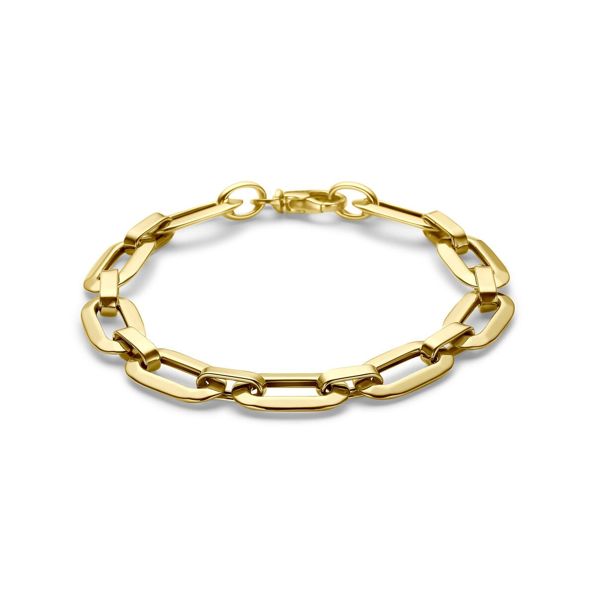 Pulsera de ancla de oro amarillo de 14 quilates con eslabones alargados y acabado brillante.