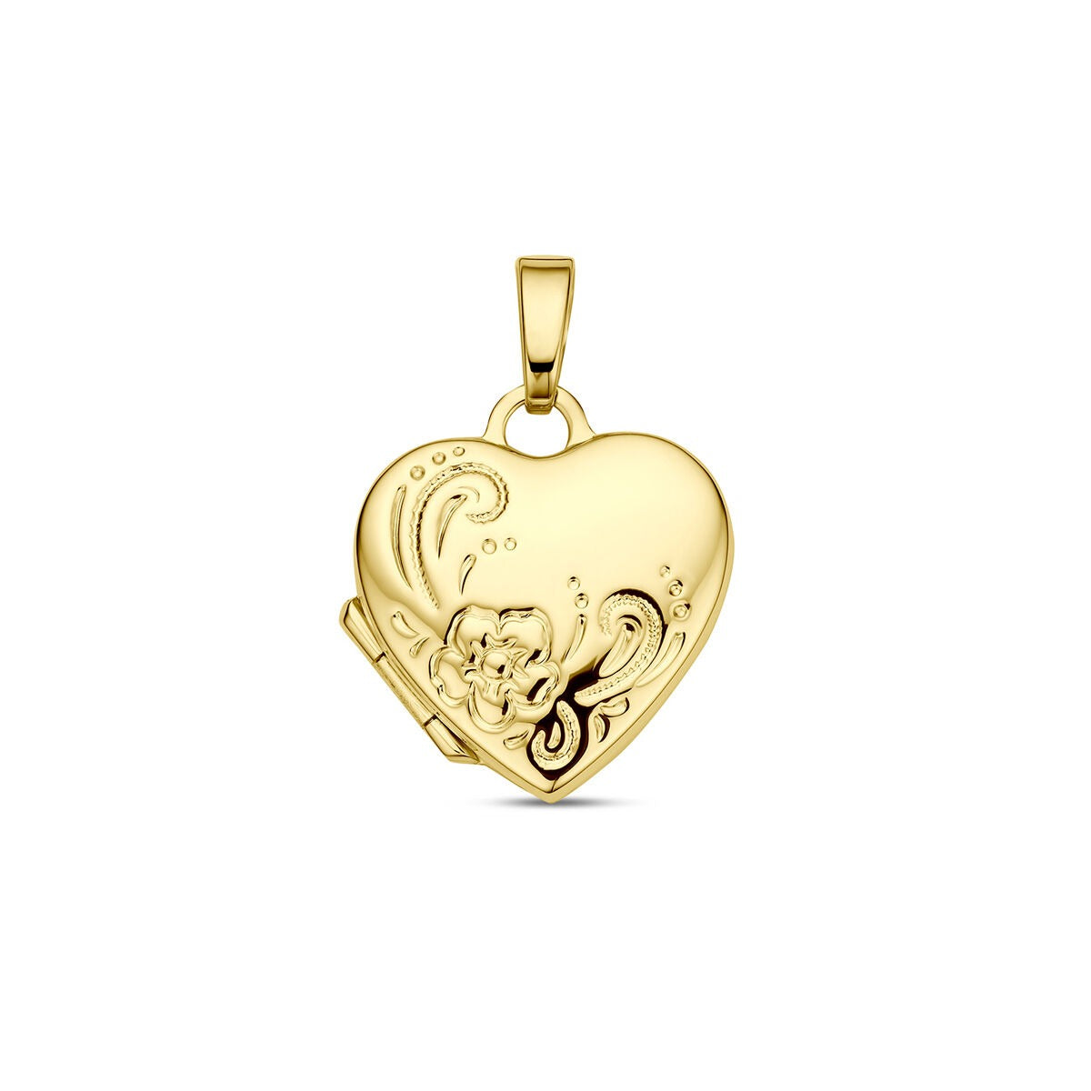 Colgante en forma de corazón de oro amarillo de 9 quilates con grabado decorativo.