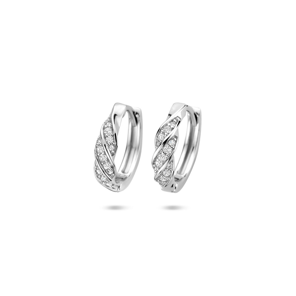 Pendientes de aro de plata 925 rodiada con zirconitas, diseño en espiral.
