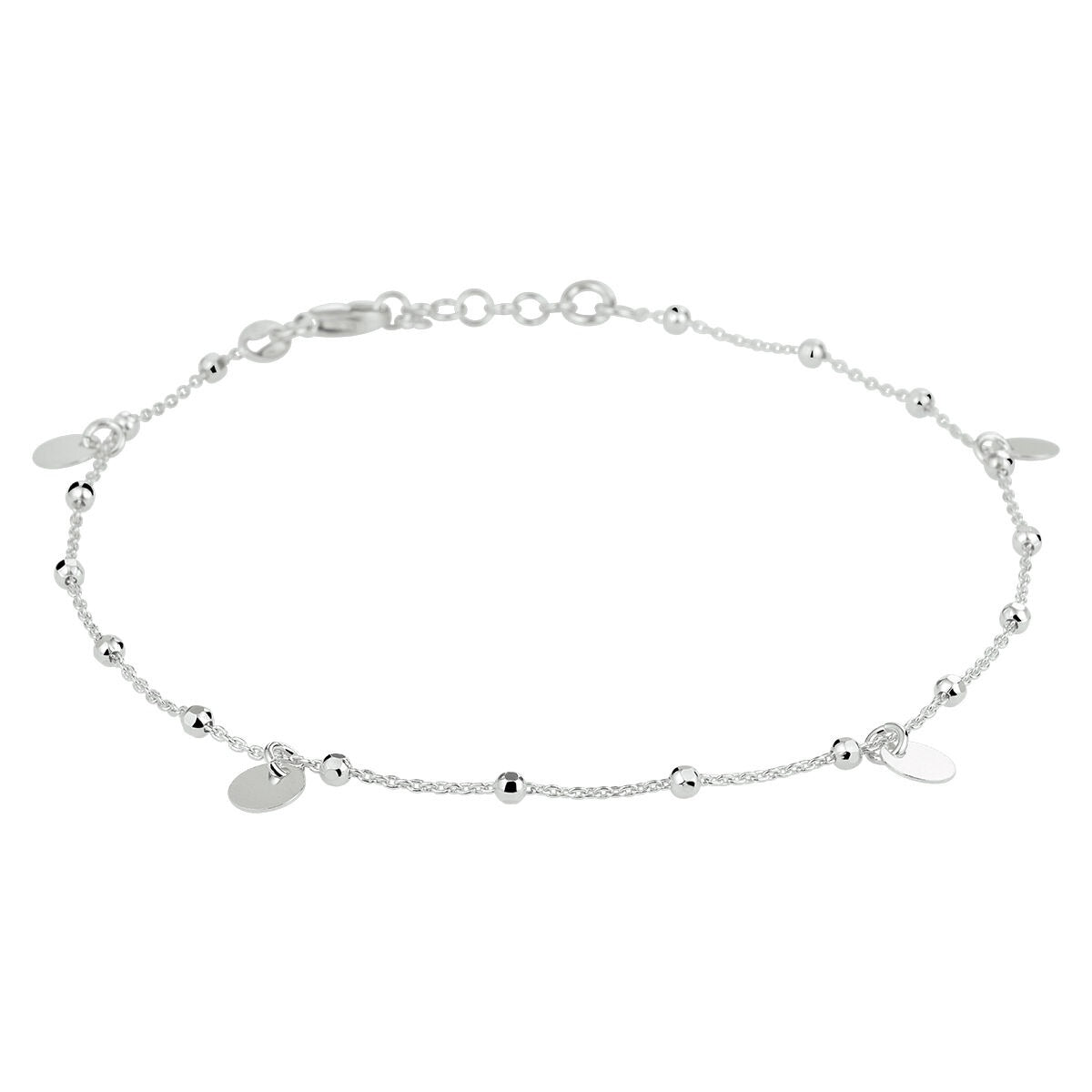 Pulsera de tobillo plateada con eslabones de ancla y círculos brillantes.